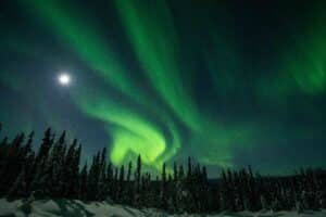 Aurora with a full moon. It is a common myth that you cannot see aurora under the full moon. The moon illuminates the foreground providing beautiful white snowy foreground to a vivid green band of northern lights in the sky! This image was taken March 2024.
