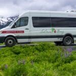 Tour van parked near a lush green field with mountains in the distance.